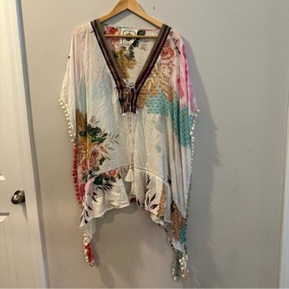 Z&L Europe Floral Print Airy  100% Cotton Pom-Pom Caftan Swim Cover Up sz Small - Picture 4 of 16